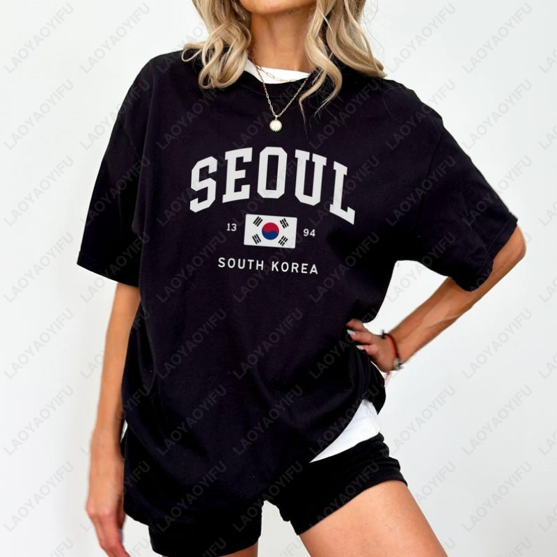 Street Fashion Seoul - เสื้อยืดลายธงชาติเกาหลีใต้ ซูล ยูนิเซ็กซ์ สไตล์วินเทจ คลาสสิก แฟชั่นสตรีทแวร์