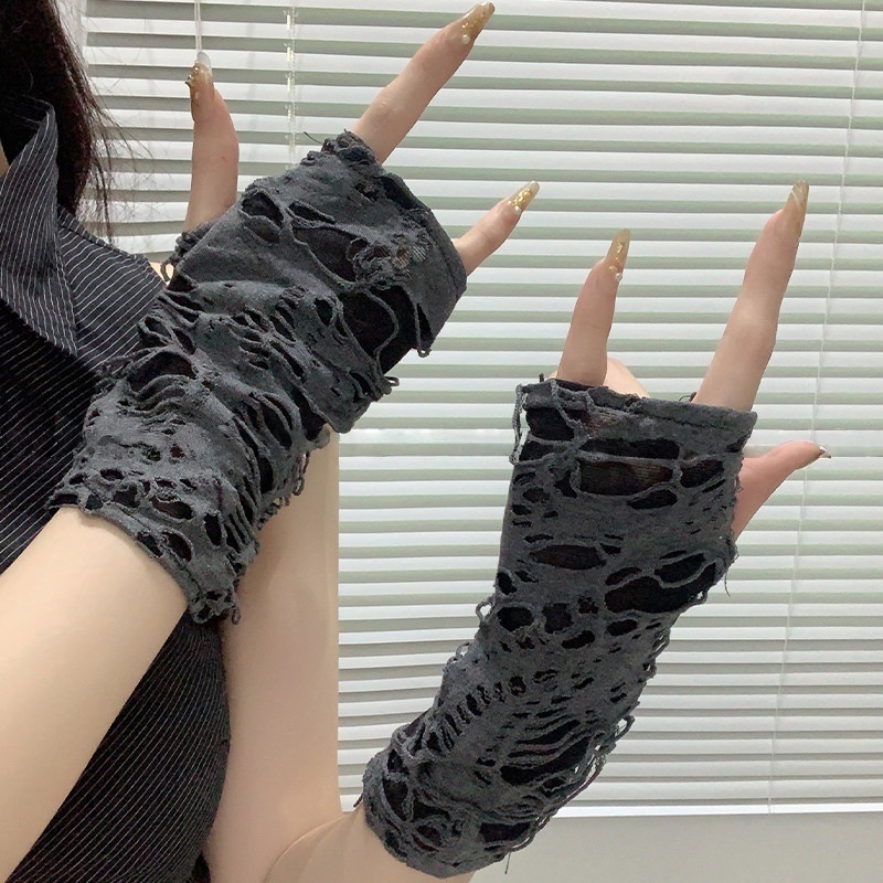 Street Fashion Gloves - ปลอกแขนกันแดดแบบตาข่ายขาดๆ สไตล์ Yueqiu Girl Alt Fashion,