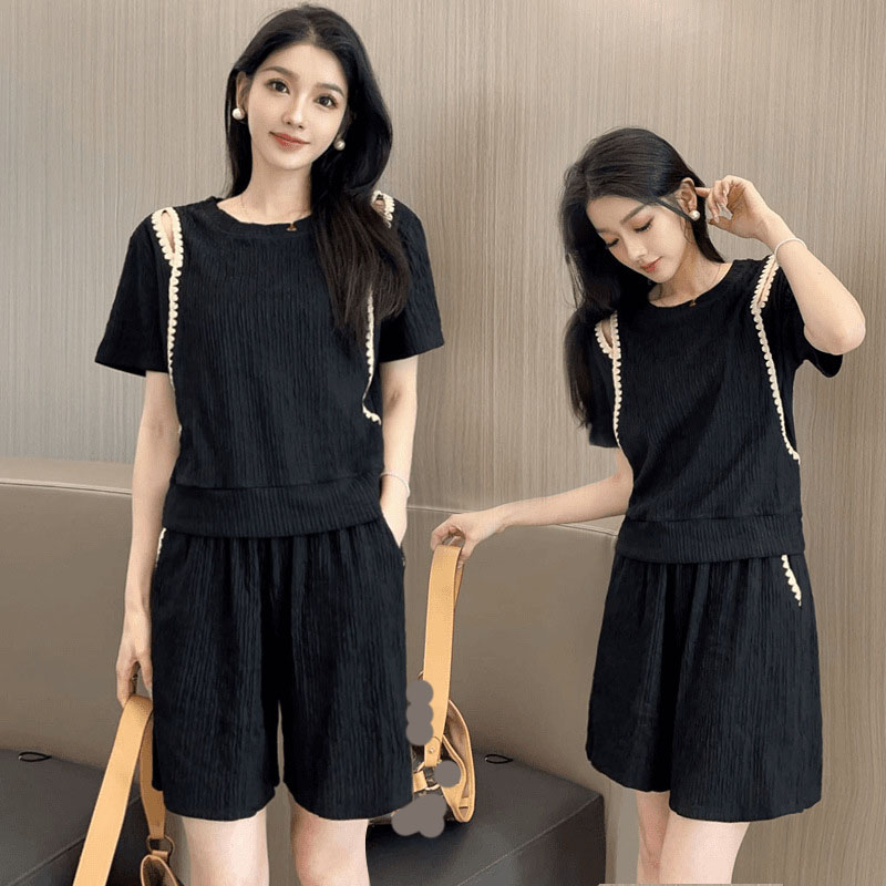 Street Fashion Korea - เกาหลีแฟชั่นปิดไหล่เสื้อยืด 2 ชิ้นชุดผู้หญิงAll-Matchหลวมสบายๆกางเกงขาสั้นชุดStreetwear Contrast Patchworkชุด