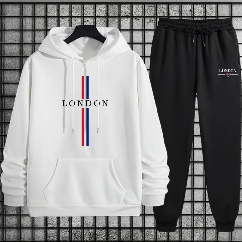 Street Fashion London - เสื้อแจ็คเก็ตสูทลำลองสำหรับผู้ชายสไตล์ลอนดอนฤดูใบไม้ร่วง/ฤดูหนาว พร้อมฮู้ดดี้และกางเกงจ็อกกิ้งทรงหลวมสำหรับการสวมใส่ลำลองในชีวิตประจำวัน