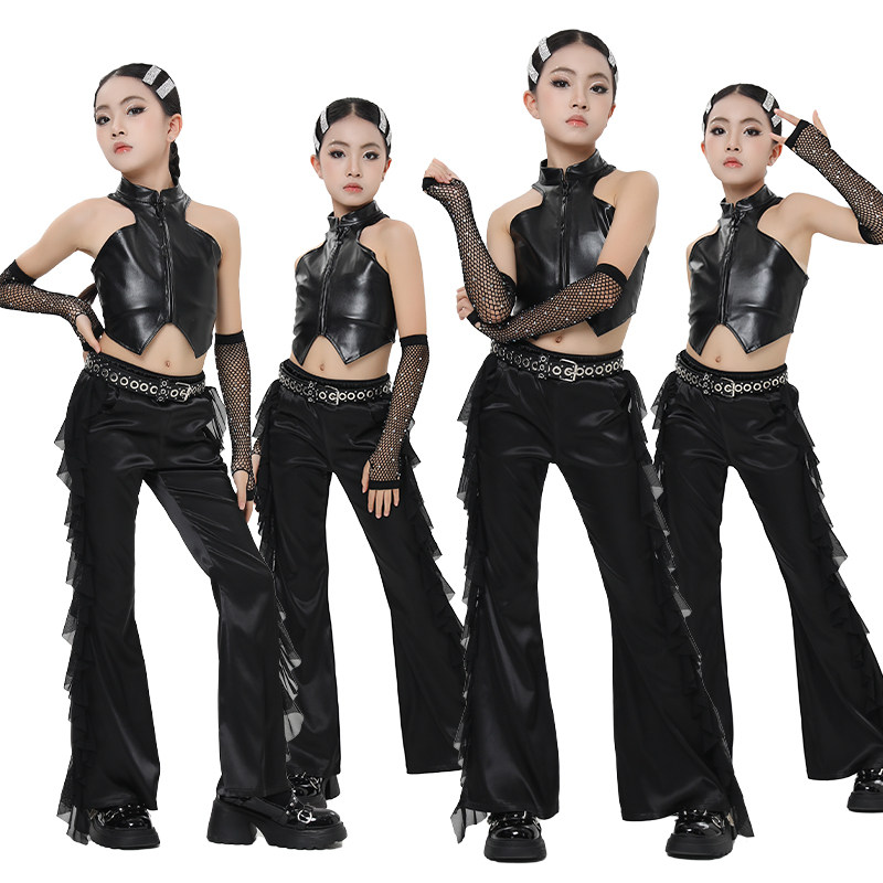Street Fashion Outfit Girl - แฟชั่นเสื้อคอปกแบบไม่สมมาตร กางเกงเด็กผู้หญิง ชุดเต้นแจ๊ส เสื้อผ้าฮิปฮอปสำหรับเด็ก สตรีทแวร์ ชุดแสดงบนเวที