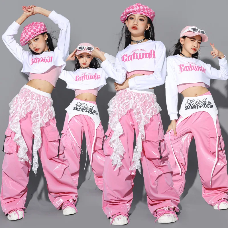 Street Fashion Outfit Girl - ชุดเต้นแจ๊สเคป๊อปใหม่สำหรับเด็กผู้หญิง แฟชั่นฮิปฮอป ชุดแสดงเต้นสตรีทแดนซ์สีชมพูสำหรับเด็ก ชุดนักเต้นโชว์