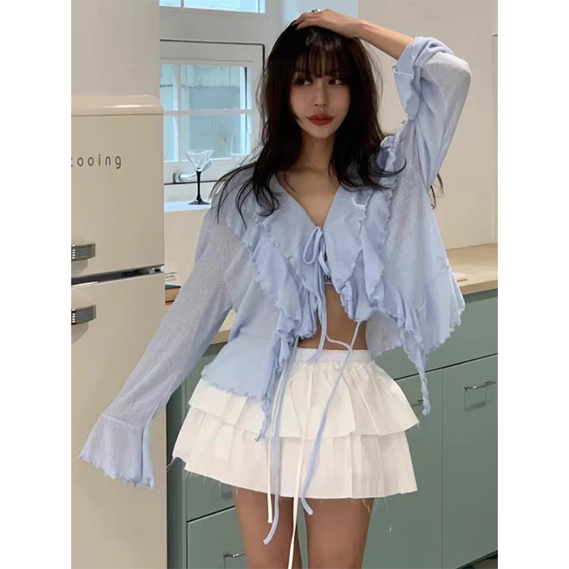 Street Fashion Korea - MEXZT Cropped เสื้อสีขาวผู้หญิงแฟชั่น Ruffles ผ้าพันคอสีชมพูเสื้อฤดูร้อนเกาหลี V