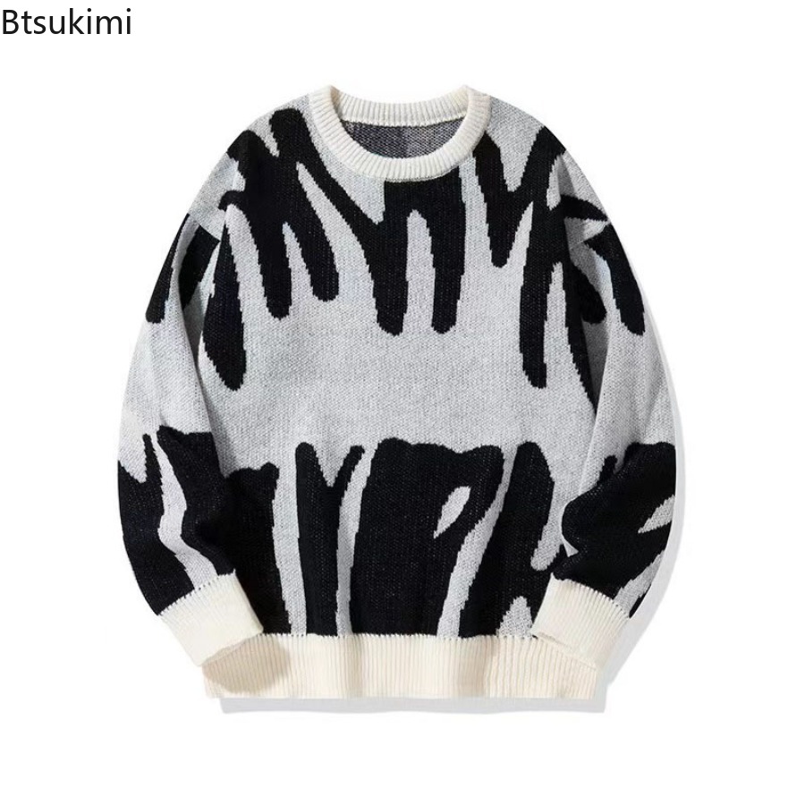 Street Fashion Korea - เสื้อสเวตเตอร์ไหมพรมคอโอทรงหลวมสไตล์เกาหลีสำหรับผู้ชาย ฤดูใบไม้ร่วง-ฤดูหนาว ดีไซน์สีตัดกัน ลำลอง สตรีทแวร์ โดดเด่นมีเอกลักษณ์