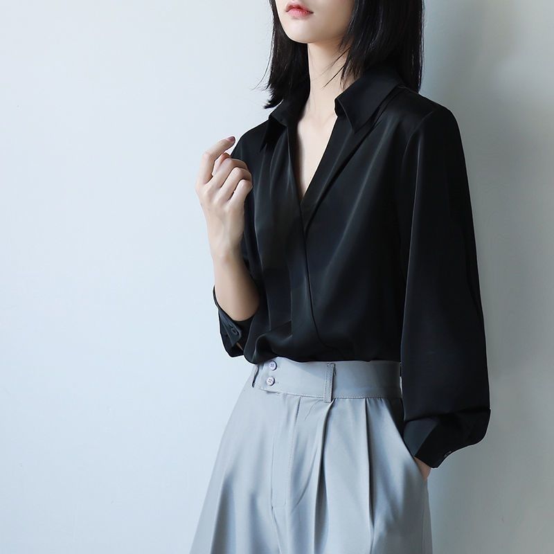 Street Fashion Korea - Gidyq เสื้อชีฟองสีดำสำหรับผู้หญิง, เสื้อ MODE Korea แขนยาวทรงหลวมลำลองแนวสตรีทแวร์เข้ากับทุกชุดเสื้อเก๋ๆ