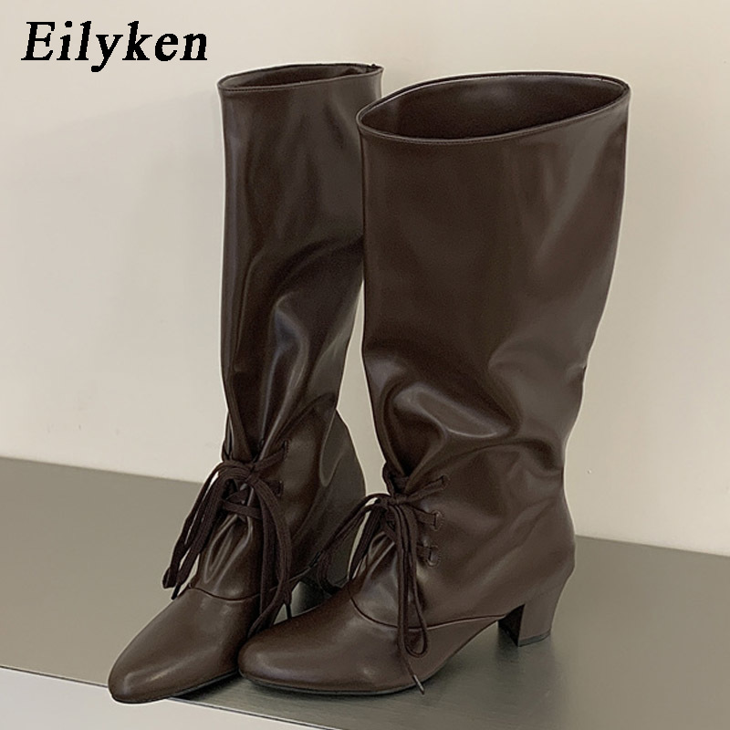 Street Fashion Ladies - รองเท้าบูทแฟชั่นฤดูหนาวสำหรับผู้หญิง Eilyken แบบผูกเชือก ความยาวถึงเข่า สไตล์โมเดิร์น หัวกลม