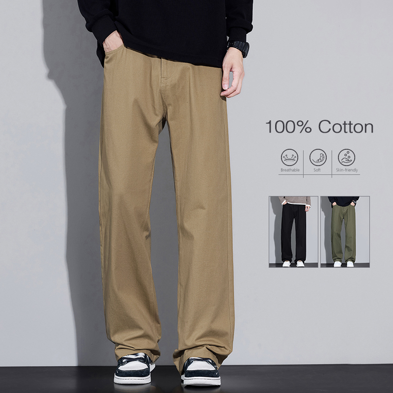 Street Fashion Korea - กางเกงขายาวทรงหลวมผ้าฝ้าย 100% สำหรับผู้ชาย นุ่ม ระบายอากาศได้ดี ทรงตรง