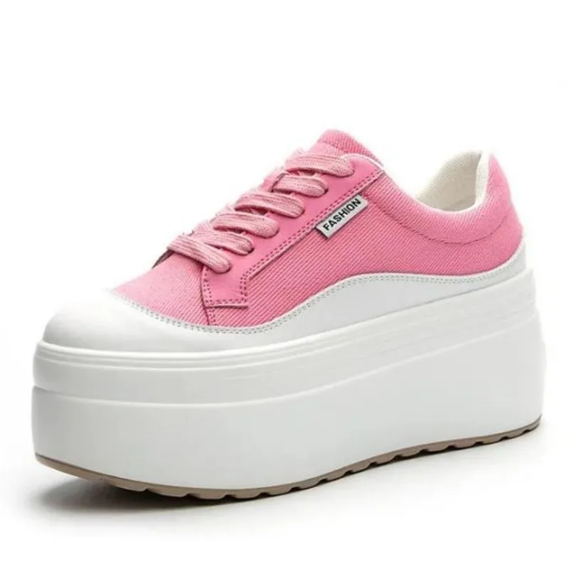 Street Fashion Ladies - 8 ซม.ใหม่ผ้าใบของแท้หนังผู้หญิงสีชมพูแฟชั่นรองเท้าผ้าใบแพลตฟอร์มรองเท้า WEDGE ส้นสุภาพสตรีฤดูร้อนผสมสี Vulcanize