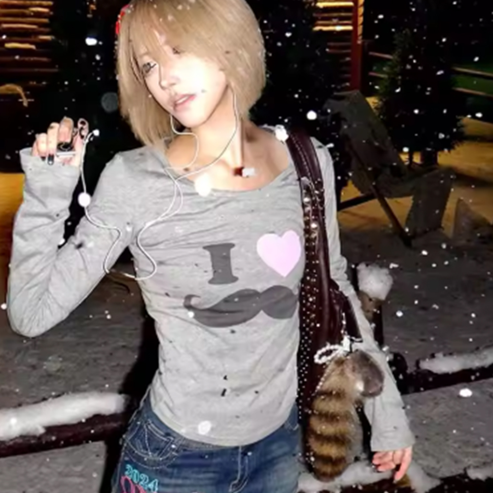 Street Fashion Korea - เสื้อยืดพิมพ์ลายเคราสไตล์ Y2K ญี่ปุ่น วินเทจ ฮาราจูกุ แขนยาว