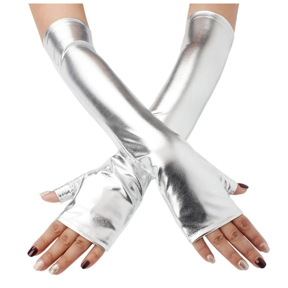 Street Fashion Gloves - ถุงมือหนังเทียมเมทัลลิกเซ็กซี่ สีทอง สีเงิน ยาวถึงข้อศอก ถุงมือหนังยาวสำหรับผู้หญิง