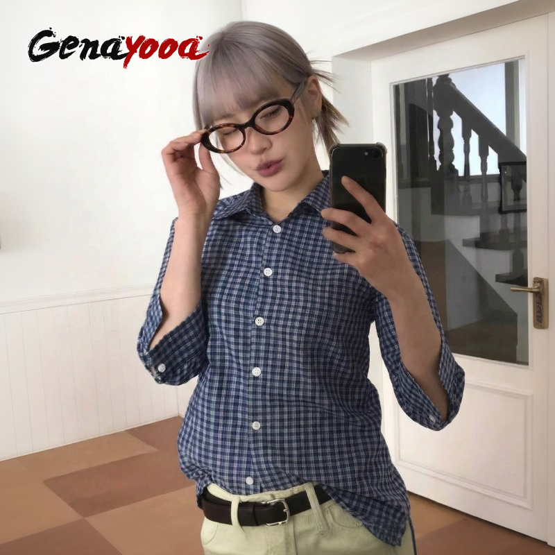Street Fashion Korea - Genayooa Y2kลายสก๊อตเสื้อผู้หญิงสามเสื้อลําลองญี่ปุ่น 2000s Grunge Tops Streetwearเสื้อฤดูร้อนเกาหลีสไตล์