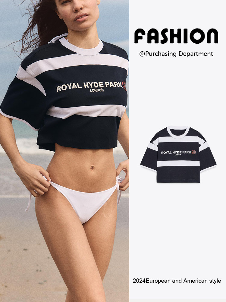 Street Fashion London - เสื้อยืดแขนสั้นเปิดไหล่ลายปักลายทางสไตล์ลอนดอนสำหรับผู้หญิง แฟชั่นใหม่รับฤดูใบไม้ผลิ สไตล์สตรีท