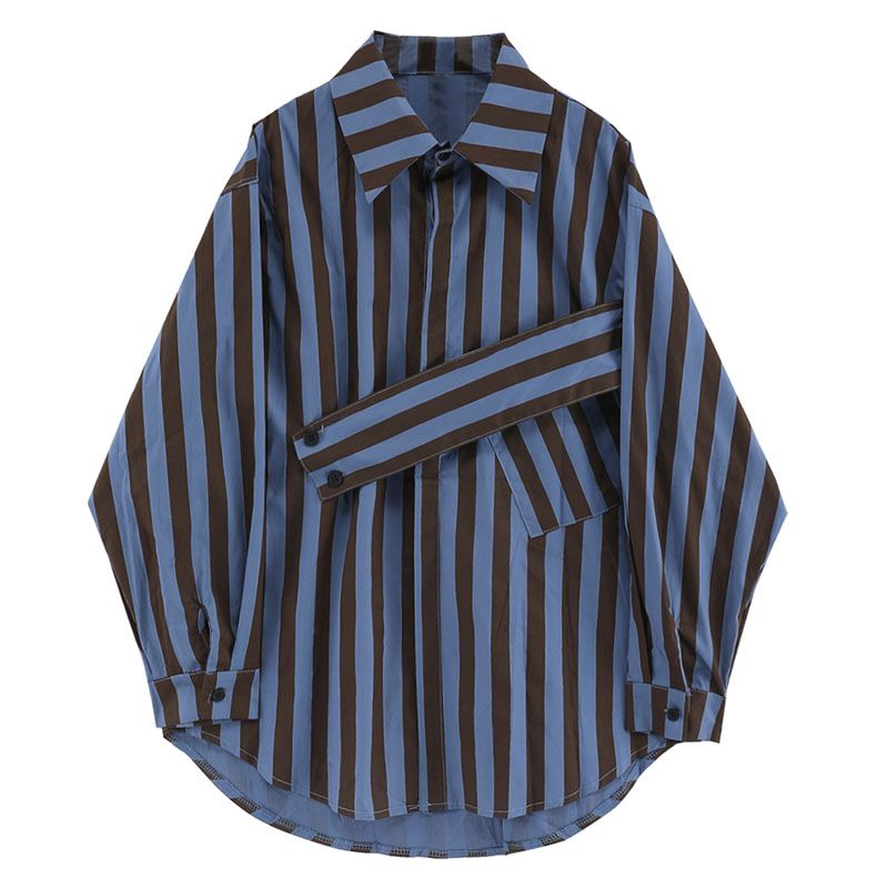 Street Fashion Korea - เสื้อเชิ้ตลายทางสไตล์เกาหลีแบบไม่สมมาตรเสื้อแบบลำลองและแฟชั่นเสื้อทรงหลวม