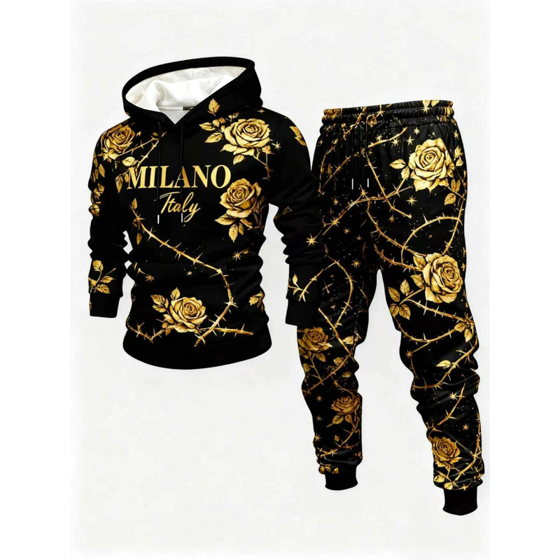 Street Fashion Of Milan - เสื้อฮู้ดดีไซน์สำหรับผู้ชายมีลวดลายทันสมัยและลายกุหลาบสีทองบนท้องถนนลำลองของเมืองมิลาน ประเทศอิตาลี