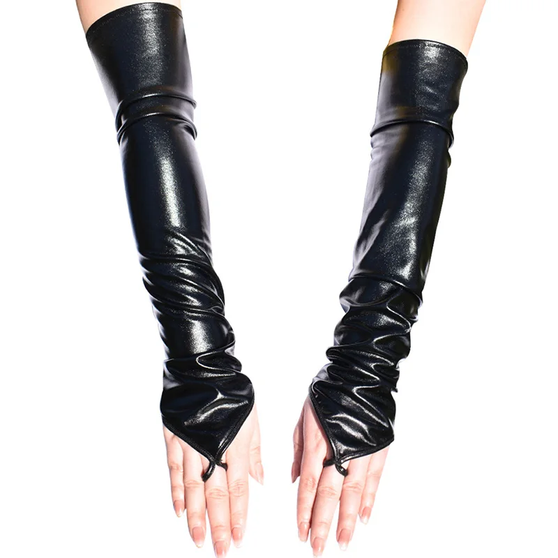 Street Fashion Gloves - ถุงมือยาว 48 ซม. สำหรับผู้หญิง ทำจากหนังเคลือบเงา แบบมีตะขอเกี่ยวนิ้ว