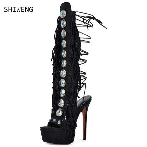 Street Fashion Ladies - รองเท้าบูทเปิดนิ้วเท้าประดับพู่และเพชร สไตล์หรูหราแบบเรโทร สีดำและสีน้ำตาล รุ่นใหม่ เหมาะสำหรับเดินแบบบนเวที รองเท้าส้นเข็มสไตล์สตรีท