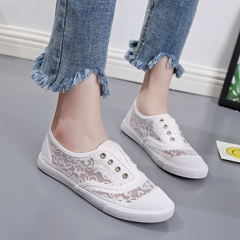 แฟชั่นลูกไม้สีขาวรองเท้าผ้าใบผ - Street Fashion Ladies บทวิจารณ์และราคา