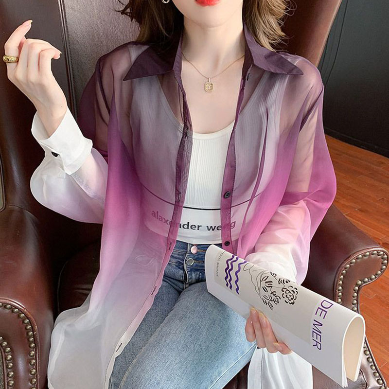 เสื้อเชิ้ตผ้าชีฟองสีไล่ระดับสี - Street Fashion Korea บทวิจารณ์และราคา