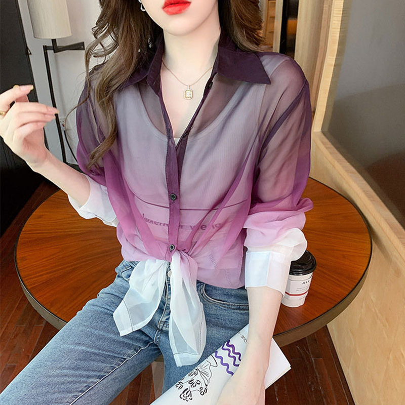 เสื้อเชิ้ตผ้าชีฟองสีไล่ระดับสี - Street Fashion Korea บทวิจารณ์และราคา