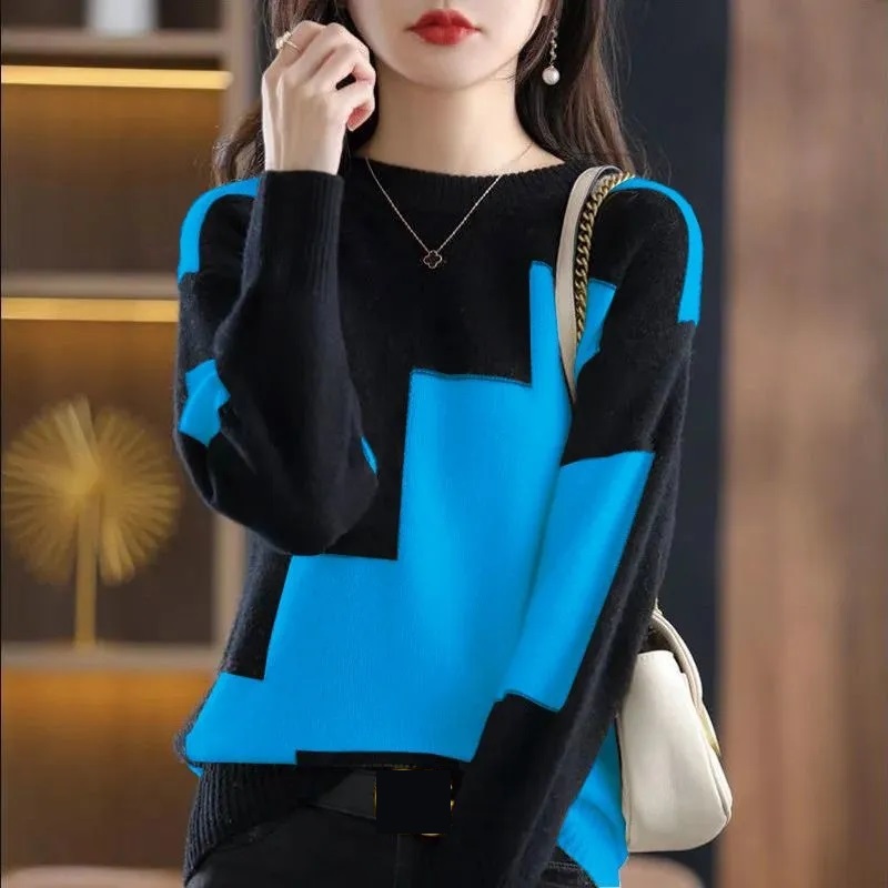 แฟชั่นO-คอSplicedถักเสื้อกันหน - Street Fashion Korea บทวิจารณ์และราคา