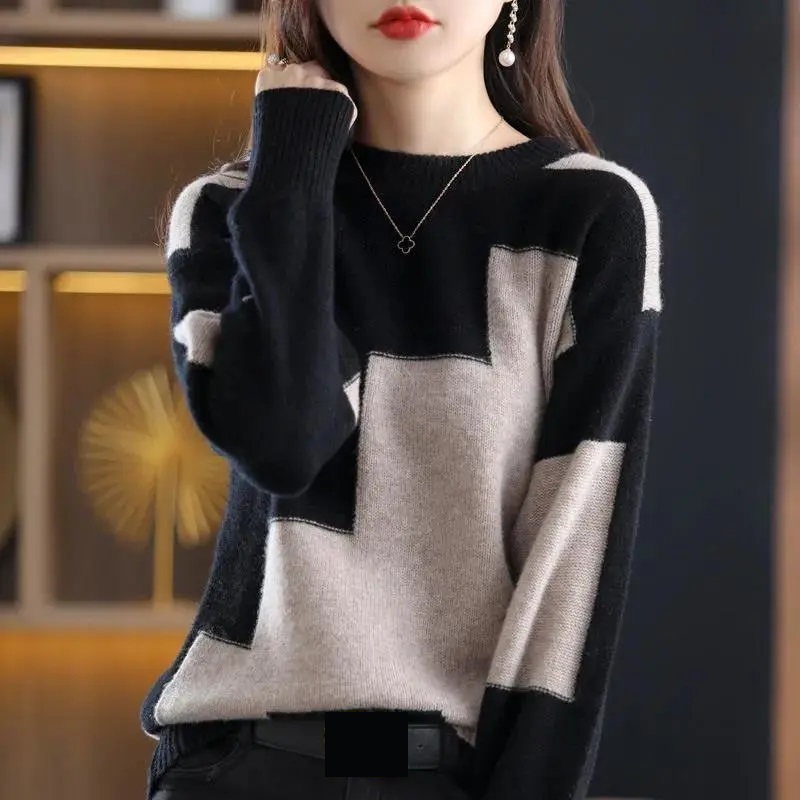 แฟชั่นO-คอSplicedถักเสื้อกันหน - Street Fashion Korea บทวิจารณ์และราคา