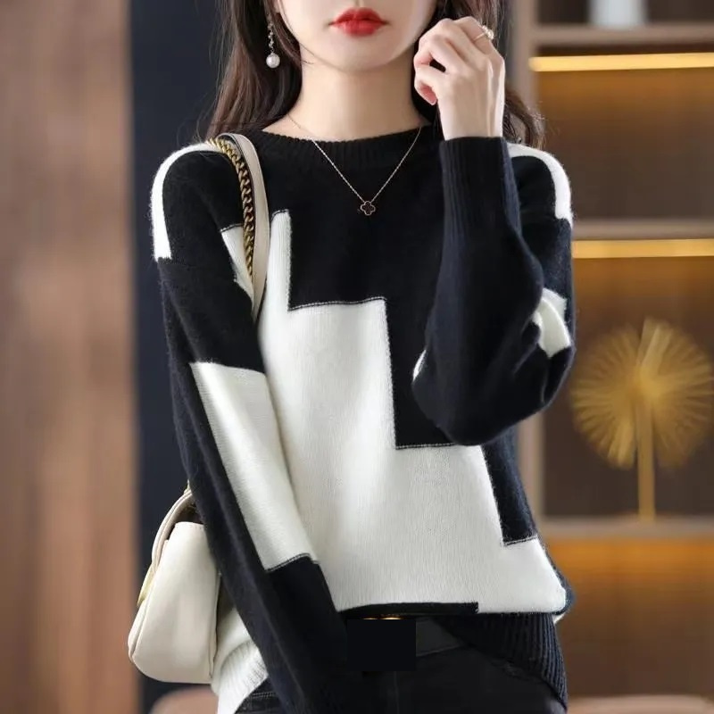 แฟชั่นO-คอSplicedถักเสื้อกันหน - Street Fashion Korea บทวิจารณ์และราคา