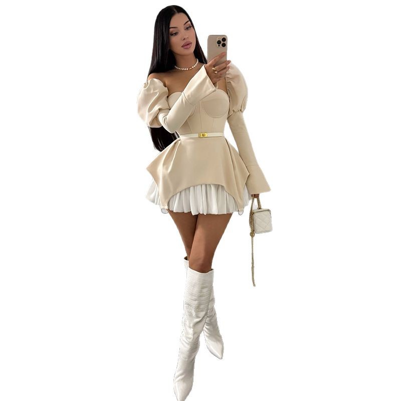 เดรสสั้นแขนพองทรงเข้ารูปแต่งผ้ - Guangzhou Street Fashion บทวิจารณ์และราคา